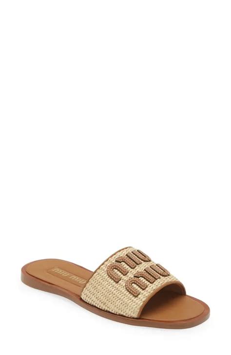 Miu Miu Logo Raffia Slide Sandal in Natural at Nordstrom.